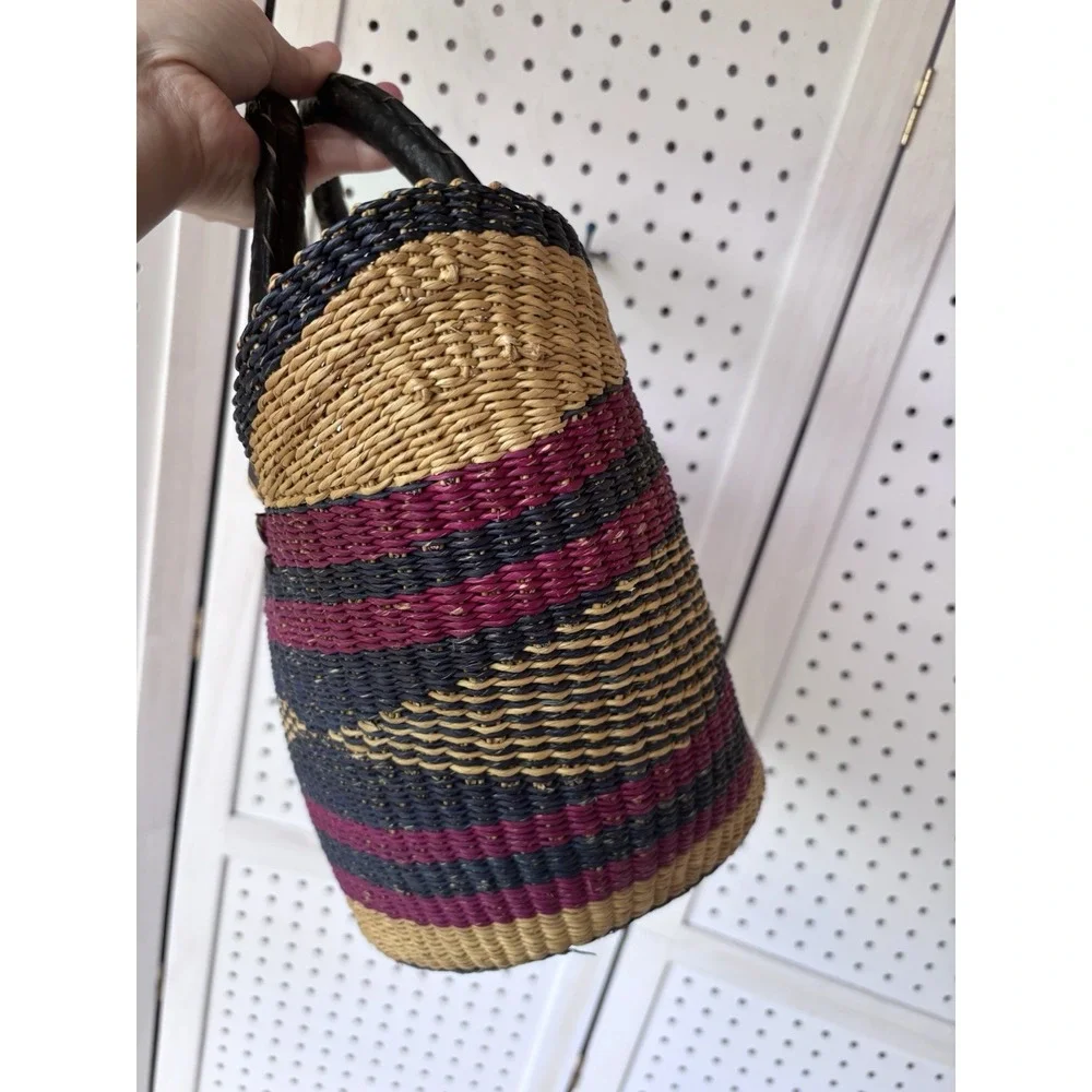 African Bolga MARKET BASKET Woven Straw Tote W/ Leather Handles U Shape